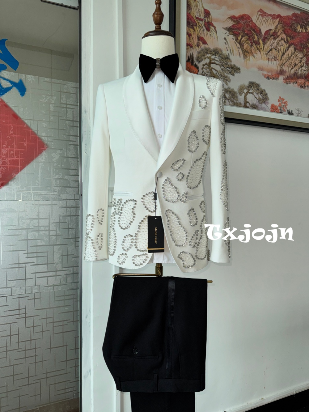 Formal Wear For Men In Wedding - White Luxurious Beaded Man Suit Set