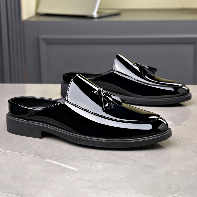 Formal Men Daily Wear Slippers - Men Black Patent Leather Mules Tassel