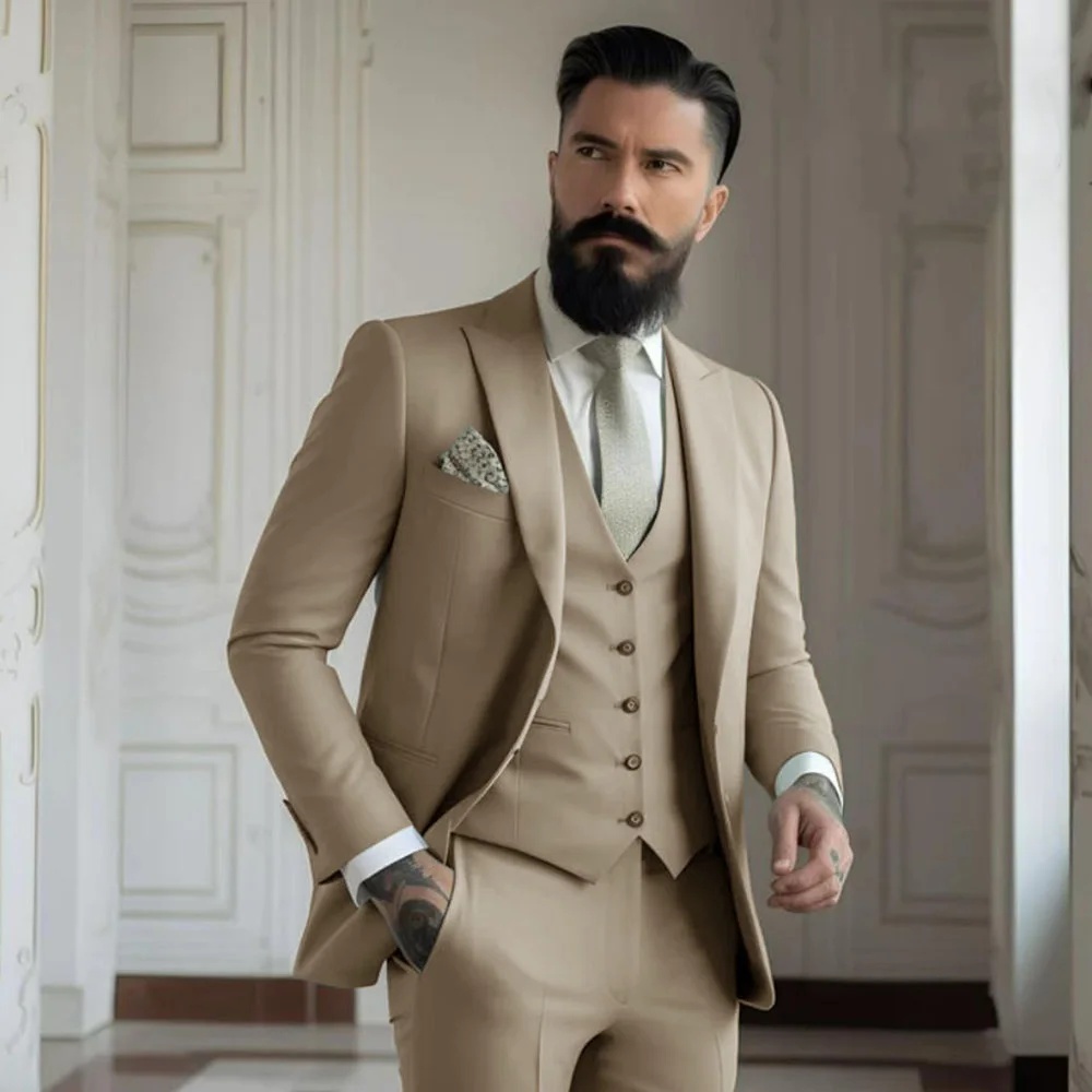 3 Pieces Post Khaki Suits Men  - Khaki Formal Wear Men ulasan dan harga