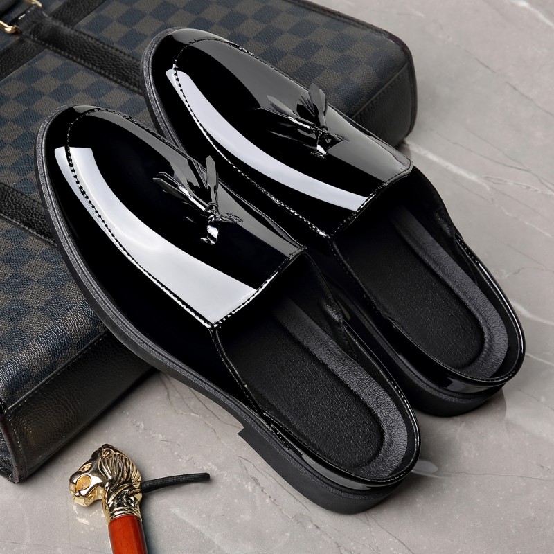 Men Black Patent Leather Mules - Formal Men Daily Wear Slippers ulasan dan harga